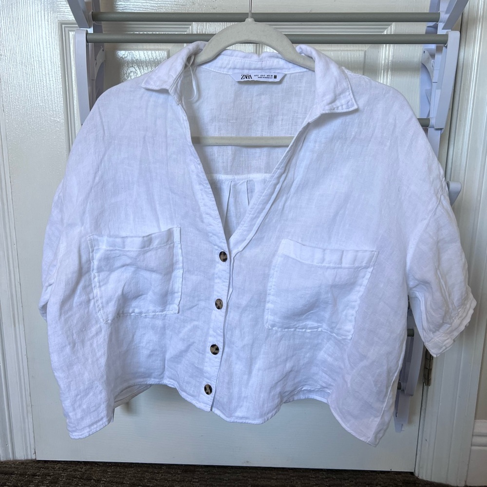 Zara White Linen Cropped Top